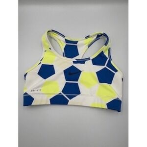 NIKE Combat Pro Dri-FIT Sports Bra Blue Yellow Soccer Print Racerback Activewear